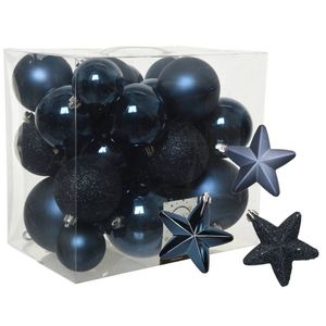 Pakket 32x stuks kunststof kerstballen en sterren ornamenten donkerblauw - Kerstbal
