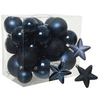 Pakket 32x stuks kunststof kerstballen en sterren ornamenten donkerblauw - Kerstbal - thumbnail