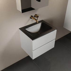 MONDIAZ AIVY 60cm badmeubel Talc, wastafel Urban solid surface midden zonder kraangat met spiegelkast (AI-351111URBAN-NO - AI-M60TAMI - AI-C60TAMI)