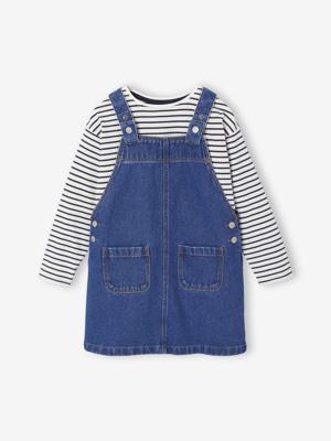 Set salopette-jurk van spijkerstof en gestreept T-shirt voor meisjes middenblauw