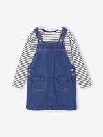 Set salopette-jurk van spijkerstof en gestreept T-shirt voor meisjes middenblauw