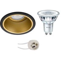LED Spot Set - Pragmi Minko Pro - GU10 Fitting - Inbouw Rond - Mat Zwart/Goud - Verdiept - Ø90mm - Philips - CorePro 830 36D - 4W - Warm Wit 3000K - Dimbaar