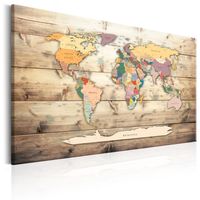 Schilderij - Wereldkaart , Kleurrijke continenten , houtlook - thumbnail