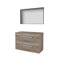 Basic-Line Framed 46 Badkamermeubelset - 100 x 46 cm - Met Grepen - 2 Lades - Wastafelblad - Spiegel met Zwart Aluminium Frame - Scotch Oak