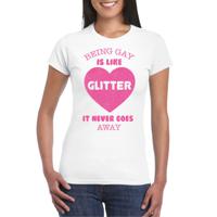 Gay Pride T-shirt voor dames - being gay is like glitter - wit/roze - glitters - LHBTI
