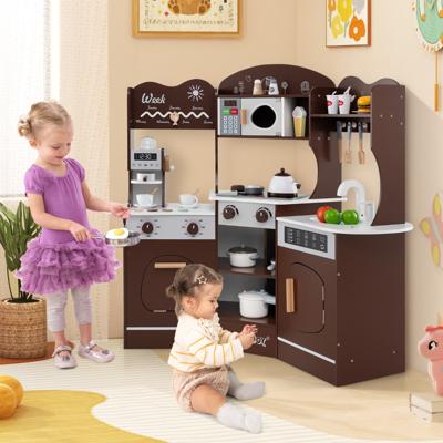 Houten Hoek Speelkeuken Keukenset voor Peuters Licht en Geluid Koffiezetapparaat Magnetron Oven Wasmachine Accessoires