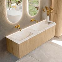 Mondiaz KURVE-DLUX 155 cm Onderkast Greeploos 2 Lades Met Deuren Oak, Wastafel Solid Surface Links Frappe 0 Kraangaten Zonder Spiegel (KRVLEA155R2L1D0KD-Oak/Fra)