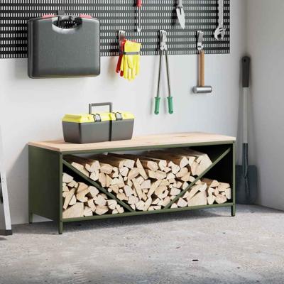 Brandhoutrek met houten blad olijfgroen 100,5x35,5x40 cm