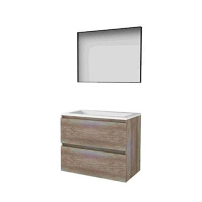 Basic-Line Framed 46 Badkamermeubelset - 80 x 46 cm - Greeploos - 2 Lades - Acryl Wastafel - 1 Kraangat - Spiegel met Zwart Aluminium Frame - Scotch Oak