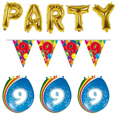 Verjaardag feestversiering 9 jaar PARTY letters en 16x ballonnen met 2x plastic vlaggetjes