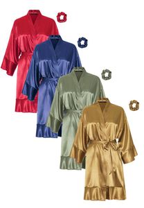 Satijnen kimono dames ruffle borduren - 4 kleuren-blauw