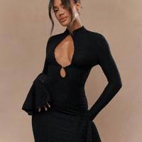 Bon&Bon Hot Pink Knitted Bodycon Mini Dress with Flare Sleeves Khaki / XS