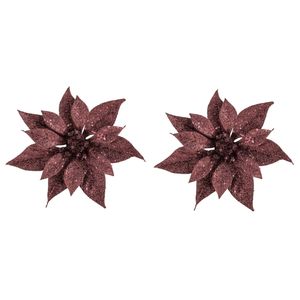 2x stuks decoratie bloemen kerstster donkerrood glitter op clip 18 cm - Kunstbloemen