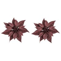 2x stuks decoratie bloemen kerstster donkerrood glitter op clip 18 cm - Kunstbloemen