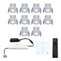 Set van 10 Milano LED Mini Inbouwspots met trafo en muurdimmer - 12 Volt 3 Watt 200 lumen - Dimbaar - Plat 34mm - 2700K - IP65 waterdicht - Grijs