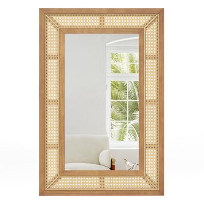 Rotan Wandspiegel Rechthoekige Decoratieve Spiegel met Houten Lijst Verticale of Horizontale Hangspiegel Boerderijstijl 90 x 60 cm