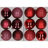 12x stuks kunststof kerstballen mix van aubergine en donkerrood 8 cm - thumbnail