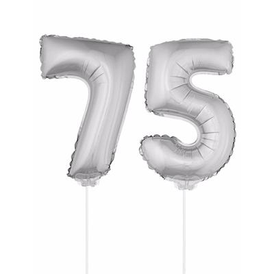 75 jaar leeftijd feestartikelen - versiering cijfers - zilver - ballonnen op stokje - van 41 cm 75 jaar leeftijd feestartikelen - versiering cijfers - zilver - ballonnen op stokje - van 41 cm