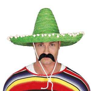 Mexicaan Carnaval verkleed set - Grote sombrero hoed - Dia 50 cm - groen - met plaksnor - heren