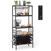 Wijnrek met Stopcontact & Glas- & Kopjeshouders & 8 Haken Magnetronstandaard Rustiek Bruin