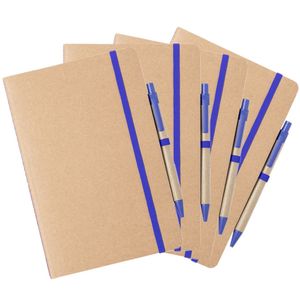 Set van 4x stuks natuurlijn schriftjes/notitieboekjes karton/blauw met elastiek A5 formaat