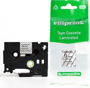 Rillprint compatible TZe tape voor Brother TZe-121, 9 mm, zwart op transparant