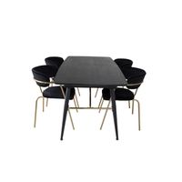 Gold eethoek eetkamertafel uitschuifbare tafel lengte cm 180 / 220 zwart en 4 Arrow eetkamerstal velours zwart. - thumbnail
