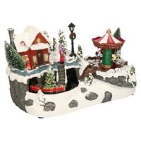 Kerstdorp kersttafereel met draaiende carrousel -met verlichting- 34 cm - thumbnail