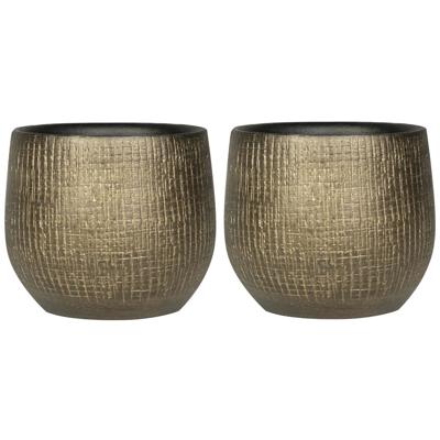 Ter Steege Plantenpot - 2x stuks - keramiek - goud - metaal look - 15 x 13 cm