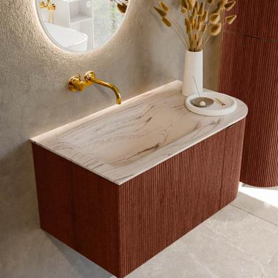Badmeubel Mondiaz Kurve-Dlux | 85 cm | Meubelkleur Ruby | Wastafelkleur Nata | Solid surface | Wasbak linker zijde spoelbak | Zonder kraangat(en)