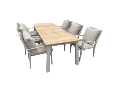 Set van Muro tafel salix/teak 236x90x76 cm en 6 Marinha stapelbare stoelen met zit- en rugkussens - Yoi