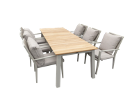 Set van Muro tafel salix/teak 236x90x76 cm en 6 Marinha stapelbare stoelen met zit- en rugkussens - Yoi Set van Muro tafel salix/teak 236x90x76 cm en 6 Marinha stapelbare stoelen met zit- en rugkussens - Yoi