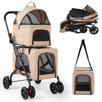 3 in 1 Hondenwagen Hondenbuggy 2 Verdiepingen met Netvensters & Zakken & Kussens Beige