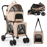 3 in 1 Hondenwagen Hondenbuggy 2 Verdiepingen met Netvensters & Zakken & Kussens Beige