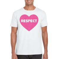 Gay Pride T-shirt voor heren - respect - wit - roze glitter hart - LHBTI 2XL  -