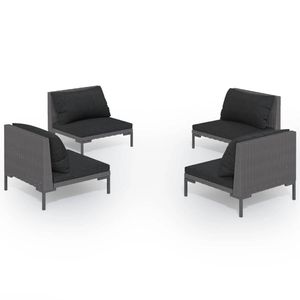 vidaXL 4-delige Loungeset met kussens poly rattan donkergrijs