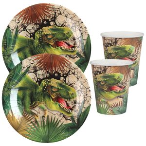 Dinosaurus thema feest wegwerp servies set - 20x bordjes / 20x bekers - groen