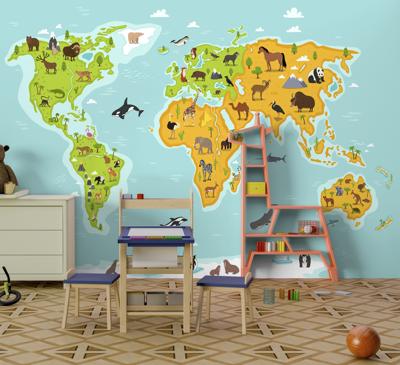 Dieren wereldkaart fotobehang