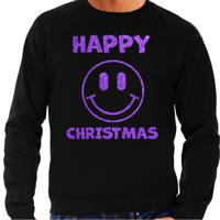 Foute Kersttrui/sweater voor heren - Happy Christmas - Smile Emoticon - zwart - glitter paars Foute Kersttrui/sweater voor heren - Happy Christmas - Smile Emoticon - zwart - glitter paars