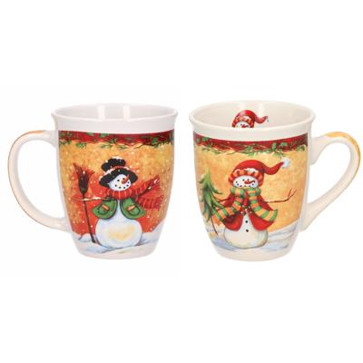 Set van 2x stuks kerstmokken sneeuwpop met rode muts en sneeuwpop met zwarte hoed11 cm