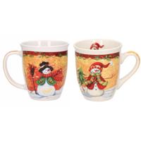 Set van 2x stuks kerstmokken sneeuwpop met rode muts en sneeuwpop met zwarte hoed11 cm
