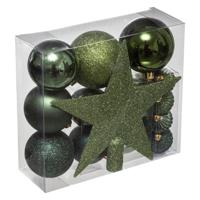 Kerstballen - 17x st - incl. ster piek - khaki groen - 6-7-8 cm - kunststof - kerstversiering