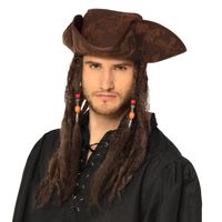 Boland Carnaval verkleed hoed voor een Piraat - bruin - polyester - heren - met haar/vlechten   -