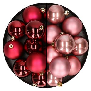 24x stuks kunststof kerstballen mix van donkerrood en oudroze 6 cm