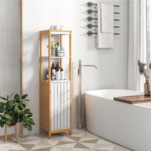 129 cm Hoog Vrijstaand Badkamermeubel Smalle Opbergkast met Deur Verstelbare Plank voor Woonkamer Badkamer Toilet Natuurlijk