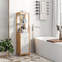 129 cm Hoog Vrijstaand Badkamermeubel Smalle Opbergkast met Deur Verstelbare Plank voor Woonkamer Badkamer Toilet Natuurlijk - thumbnail
