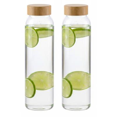 Glazen waterfles/drinkfles/sportfles - 2x - helder transparant - met Bamboe dop - 1000 ml