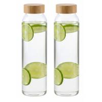 Glazen waterfles/drinkfles/sportfles - 2x - helder transparant - met Bamboe dop - 1000 ml