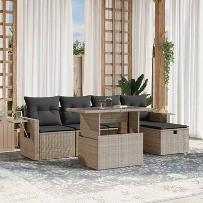 6-delige Loungeset met kussens poly rattan lichtgrijs