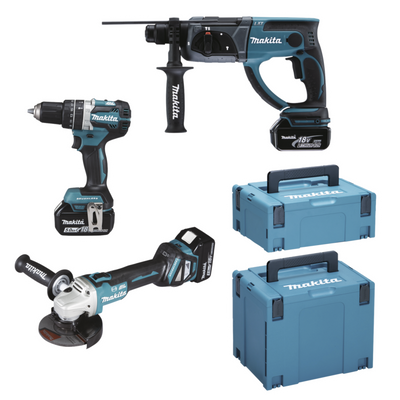 Makita DLX3093TJ 18V LXT 3 delige set: DGA513 Haakse slijper + DHP484 (Klop)boormachine + DHR202 Boorhamer met 3 x 5.0Ah accu&apos;s - DLX3093TJ